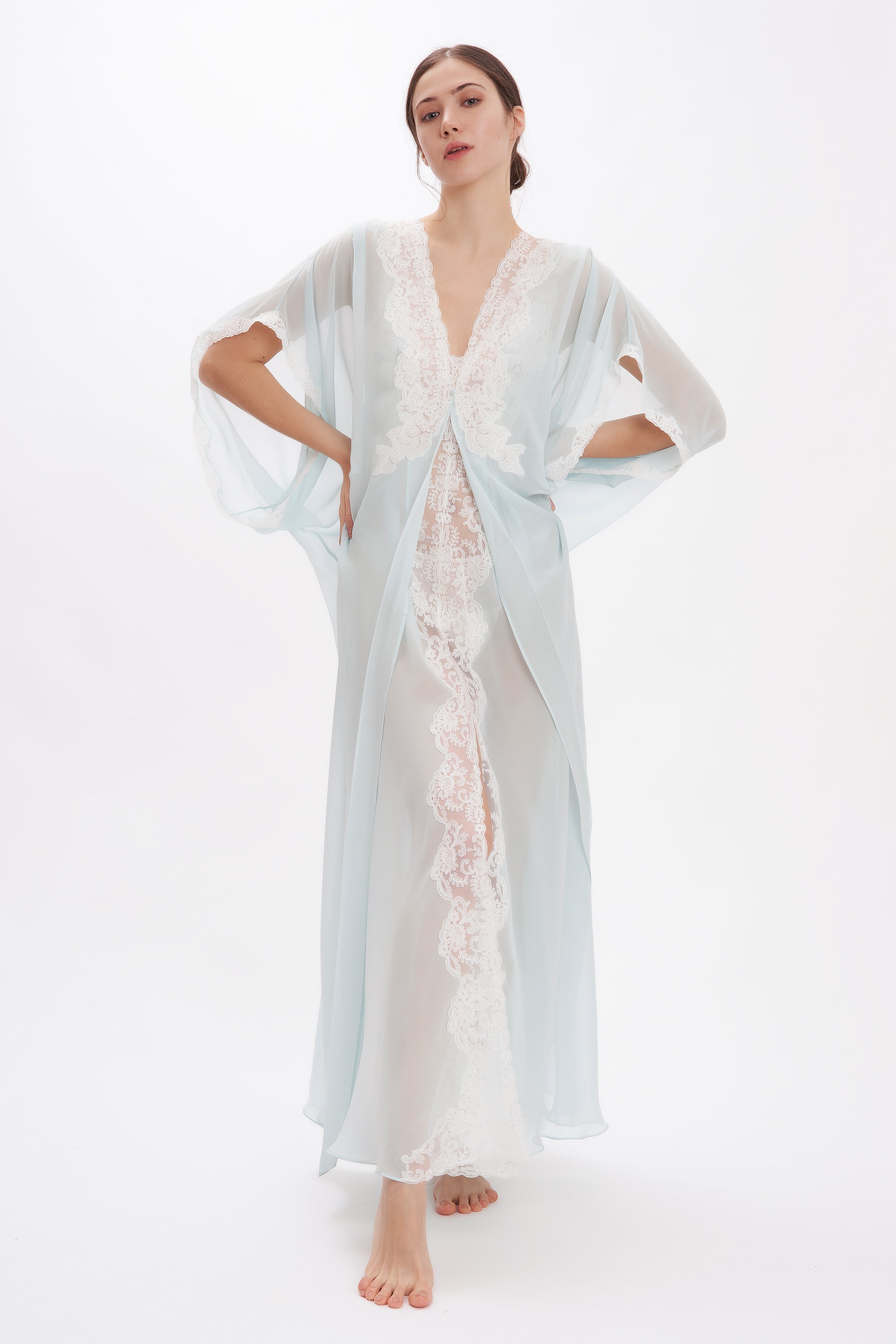 Blue long silk robe with frastaglio